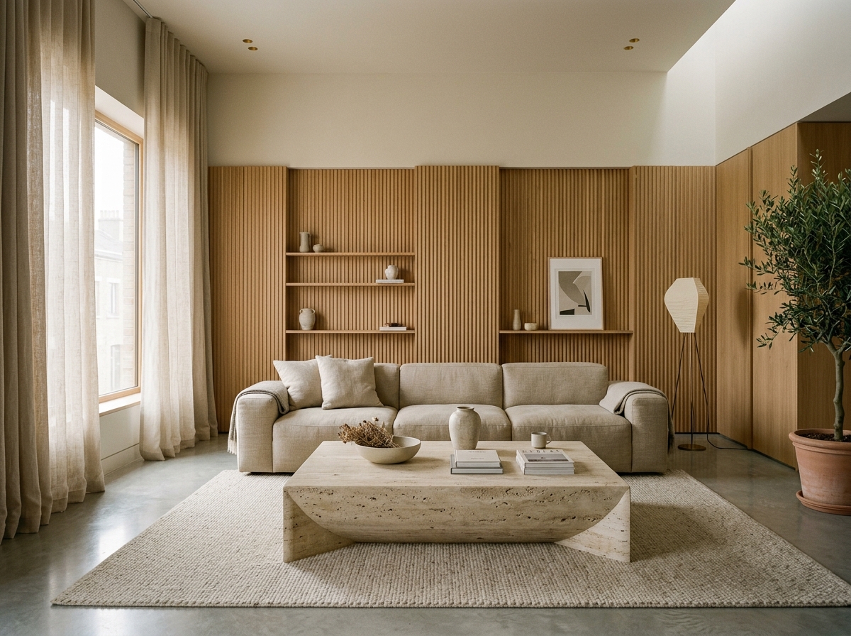 Apartamento 42 — Design de interiores minimalista em carvalho e travertino