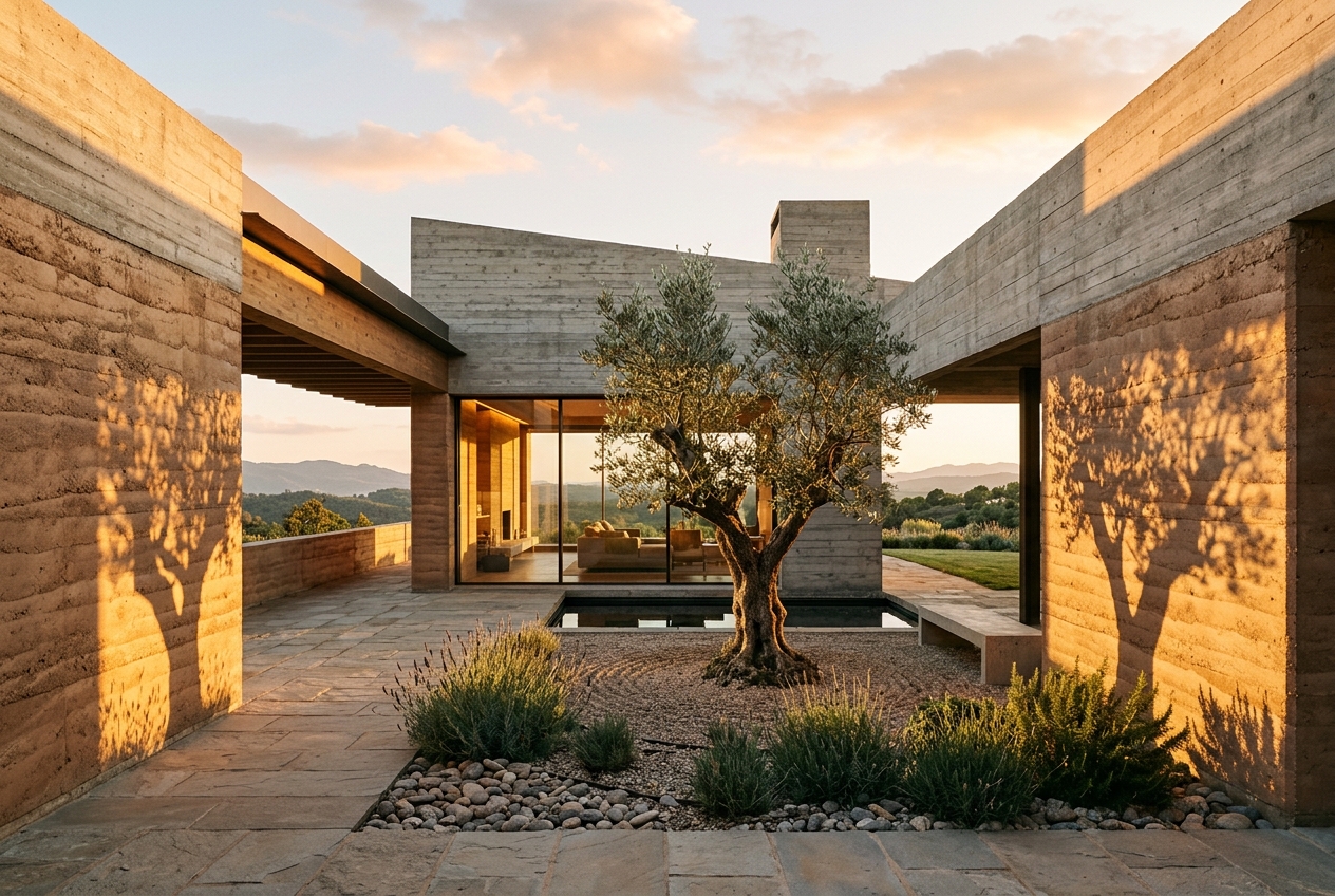 Casa Terra — Arquitetura de terra estabilizada e pátio escultural